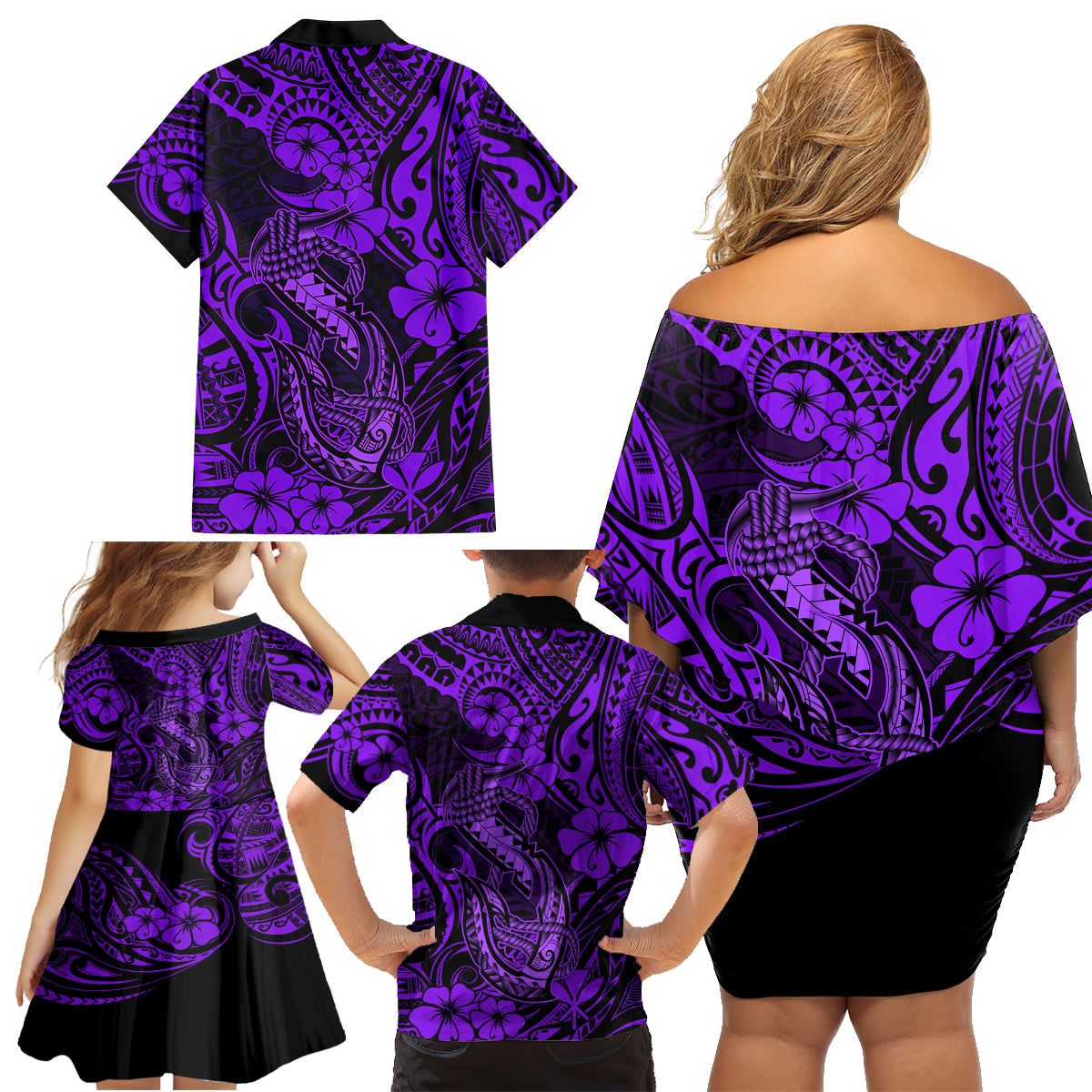 Hawaii Fish Hook Family Matching Off Shoulder Short Dress and Hawaiian Shirt Hibiscus Hawaii Tribal Tattoo Purple Version LT01 - Polynesian Pride
