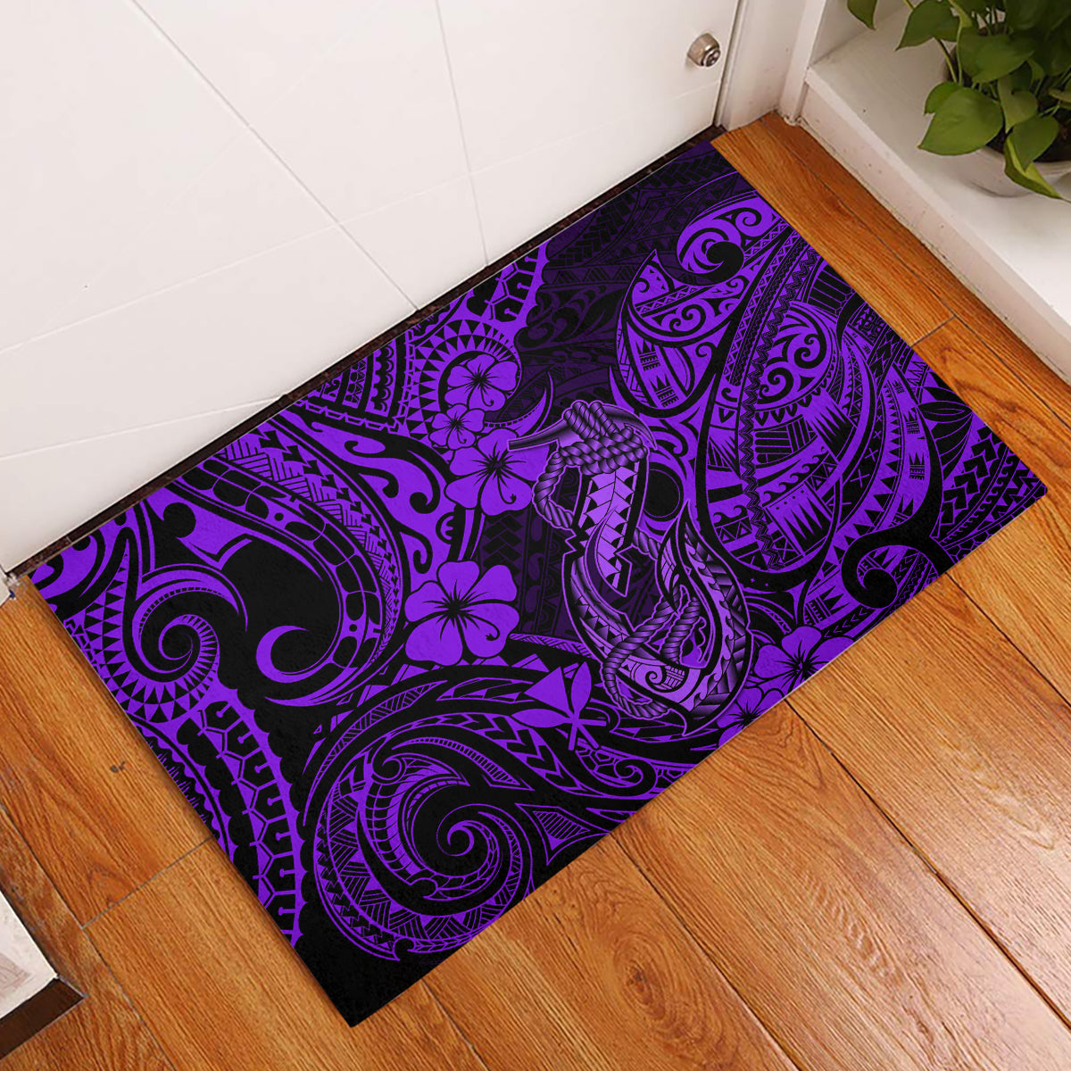 Hawaii Fish Hook Rubber Doormat Hibiscus Hawaii Tribal Tattoo Purple Version LT01 Purple - Polynesian Pride