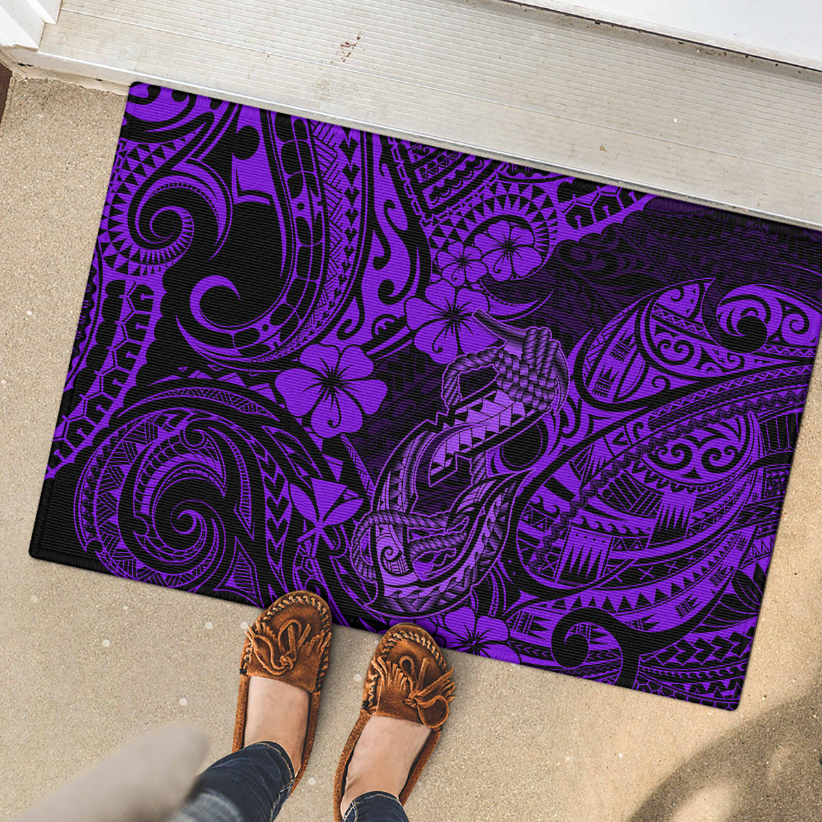 Hawaii Fish Hook Rubber Doormat Hibiscus Hawaii Tribal Tattoo Purple Version LT01 - Polynesian Pride