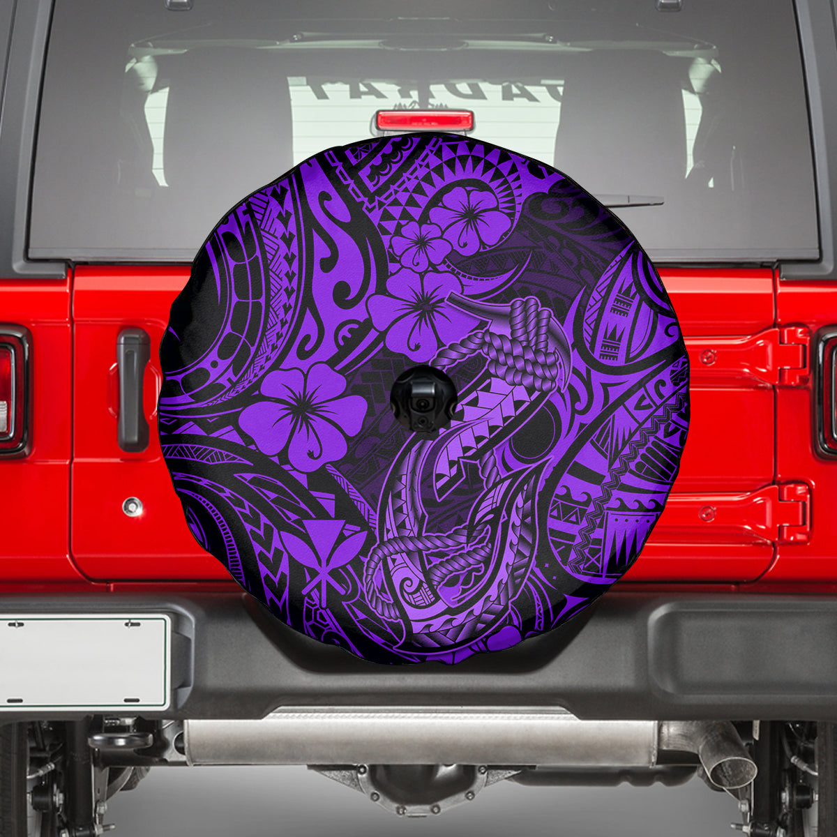 Hawaii Fish Hook Spare Tire Cover Hibiscus Hawaii Tribal Tattoo Purple Version LT01 - Polynesian Pride