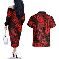 Hawaii Fish Hook Couples Matching Off The Shoulder Long Sleeve Dress and Hawaiian Shirt Hibiscus Hawaii Tribal Tattoo Red Version LT01 - Polynesian Pride