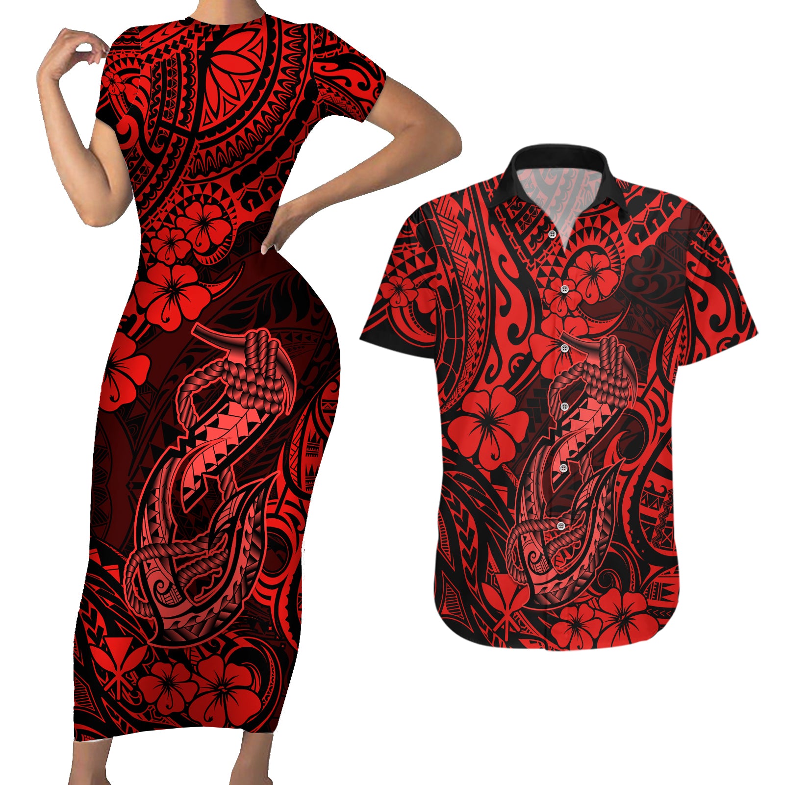 Hawaii Fish Hook Couples Matching Short Sleeve Bodycon Dress and Hawaiian Shirt Hibiscus Hawaii Tribal Tattoo Red Version LT01 Red - Polynesian Pride