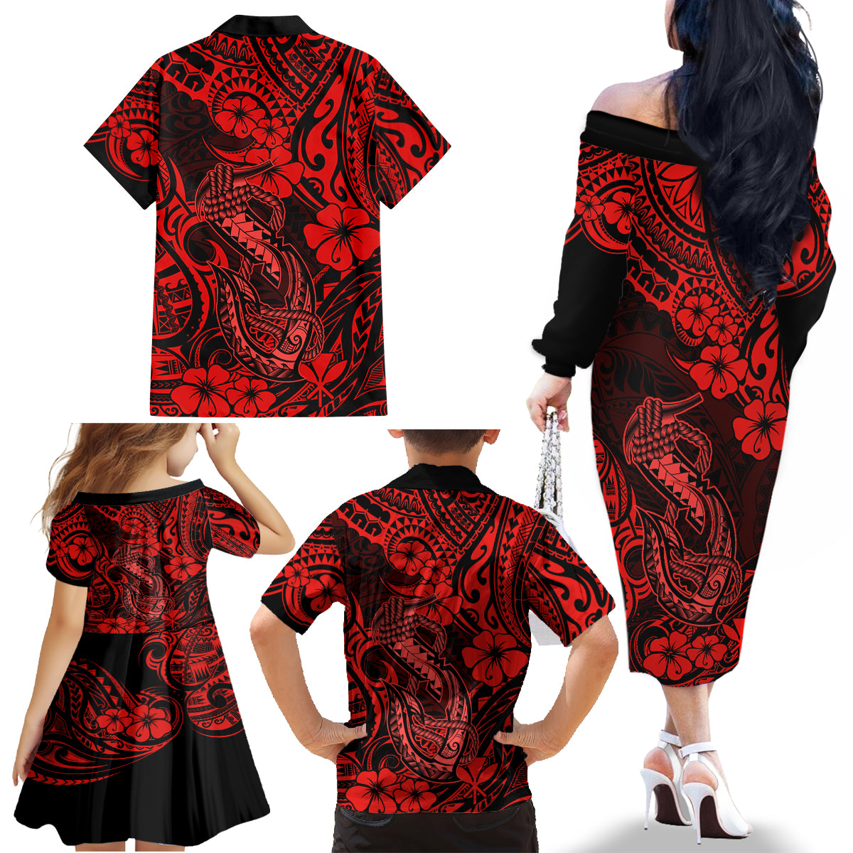 Hawaii Fish Hook Family Matching Off Shoulder Long Sleeve Dress and Hawaiian Shirt Hibiscus Hawaii Tribal Tattoo Red Version LT01 - Polynesian Pride