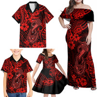 Hawaii Fish Hook Family Matching Off Shoulder Maxi Dress and Hawaiian Shirt Hibiscus Hawaii Tribal Tattoo Red Version LT01 - Polynesian Pride