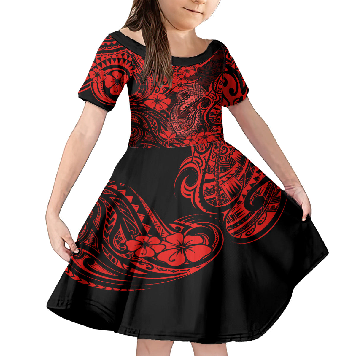 Hawaii Fish Hook Family Matching Off Shoulder Short Dress and Hawaiian Shirt Hibiscus Hawaii Tribal Tattoo Red Version LT01 Daughter's Dress Red - Polynesian Pride