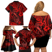 Hawaii Fish Hook Family Matching Off Shoulder Short Dress and Hawaiian Shirt Hibiscus Hawaii Tribal Tattoo Red Version LT01 - Polynesian Pride