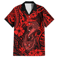 Hawaii Fish Hook Family Matching Off Shoulder Short Dress and Hawaiian Shirt Hibiscus Hawaii Tribal Tattoo Red Version LT01 Dad's Shirt - Short Sleeve Red - Polynesian Pride