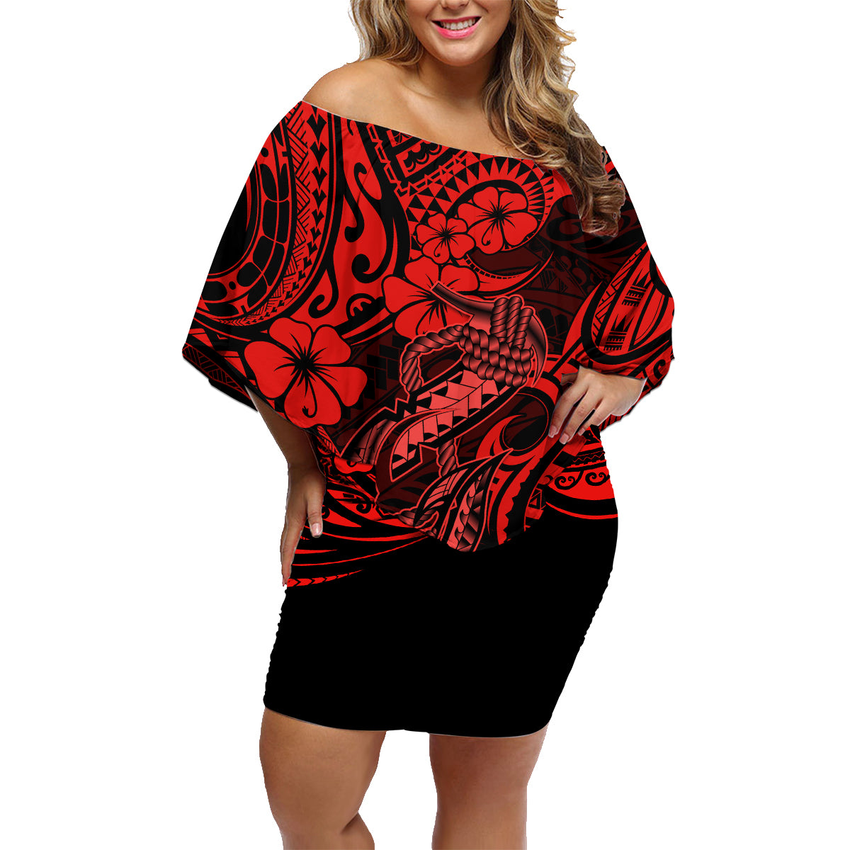 Hawaii Fish Hook Family Matching Off Shoulder Short Dress and Hawaiian Shirt Hibiscus Hawaii Tribal Tattoo Red Version LT01 Mom's Dress Red - Polynesian Pride