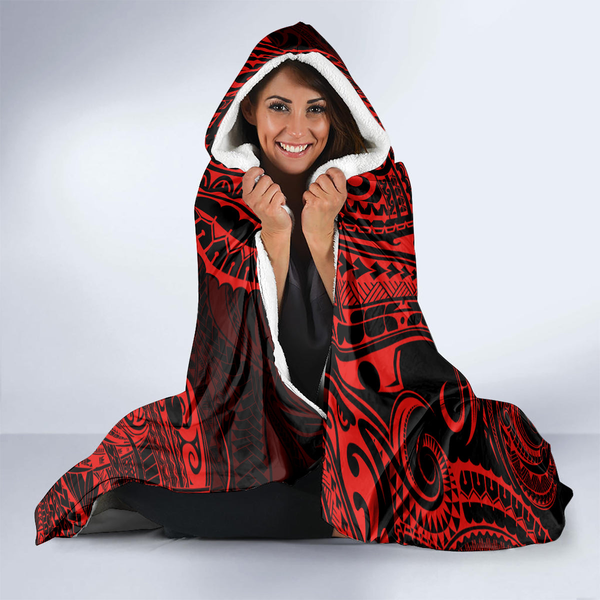 Hawaii Fish Hook Hooded Blanket Hibiscus Hawaii Tribal Tattoo Red Version LT01 - Polynesian Pride
