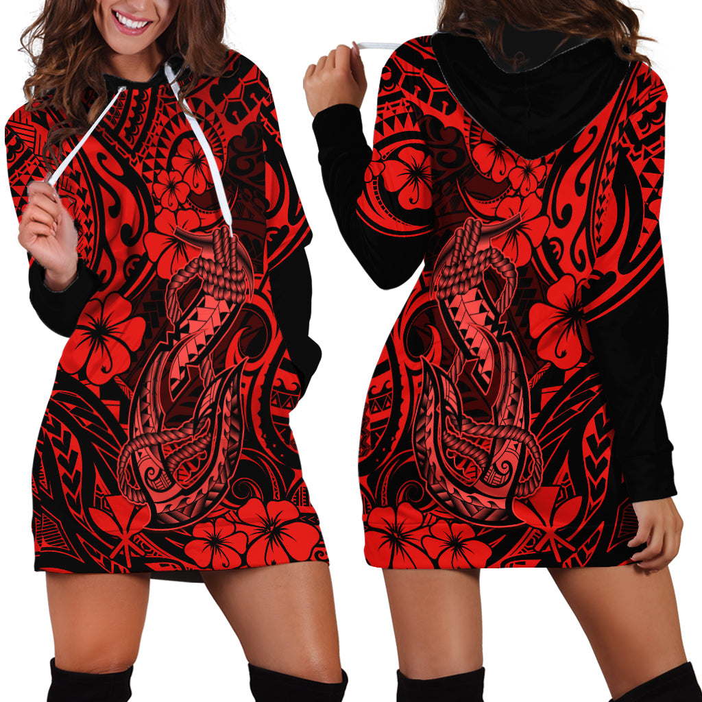 Hawaii Fish Hook Hoodie Dress Hibiscus Hawaii Tribal Tattoo Red Version LT01 - Polynesian Pride