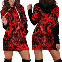 Hawaii Fish Hook Hoodie Dress Hibiscus Hawaii Tribal Tattoo Red Version LT01 - Polynesian Pride