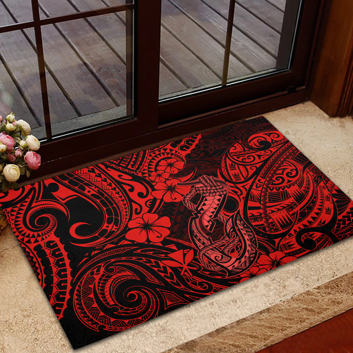 Hawaii Fish Hook Rubber Doormat Hibiscus Hawaii Tribal Tattoo Red Version LT01 - Polynesian Pride