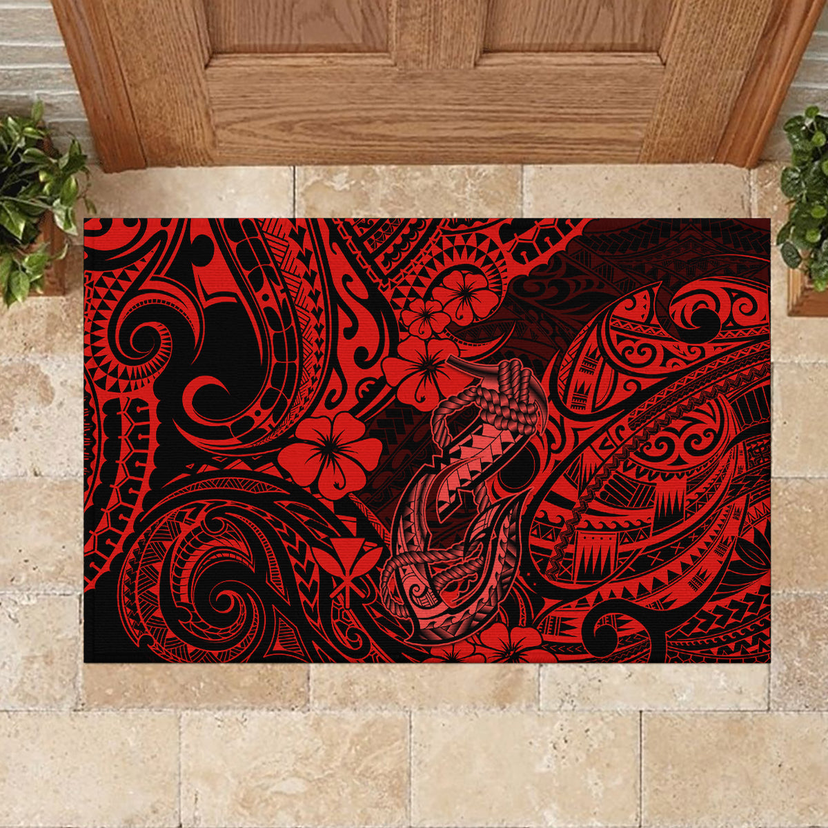 Hawaii Fish Hook Rubber Doormat Hibiscus Hawaii Tribal Tattoo Red Version LT01 - Polynesian Pride