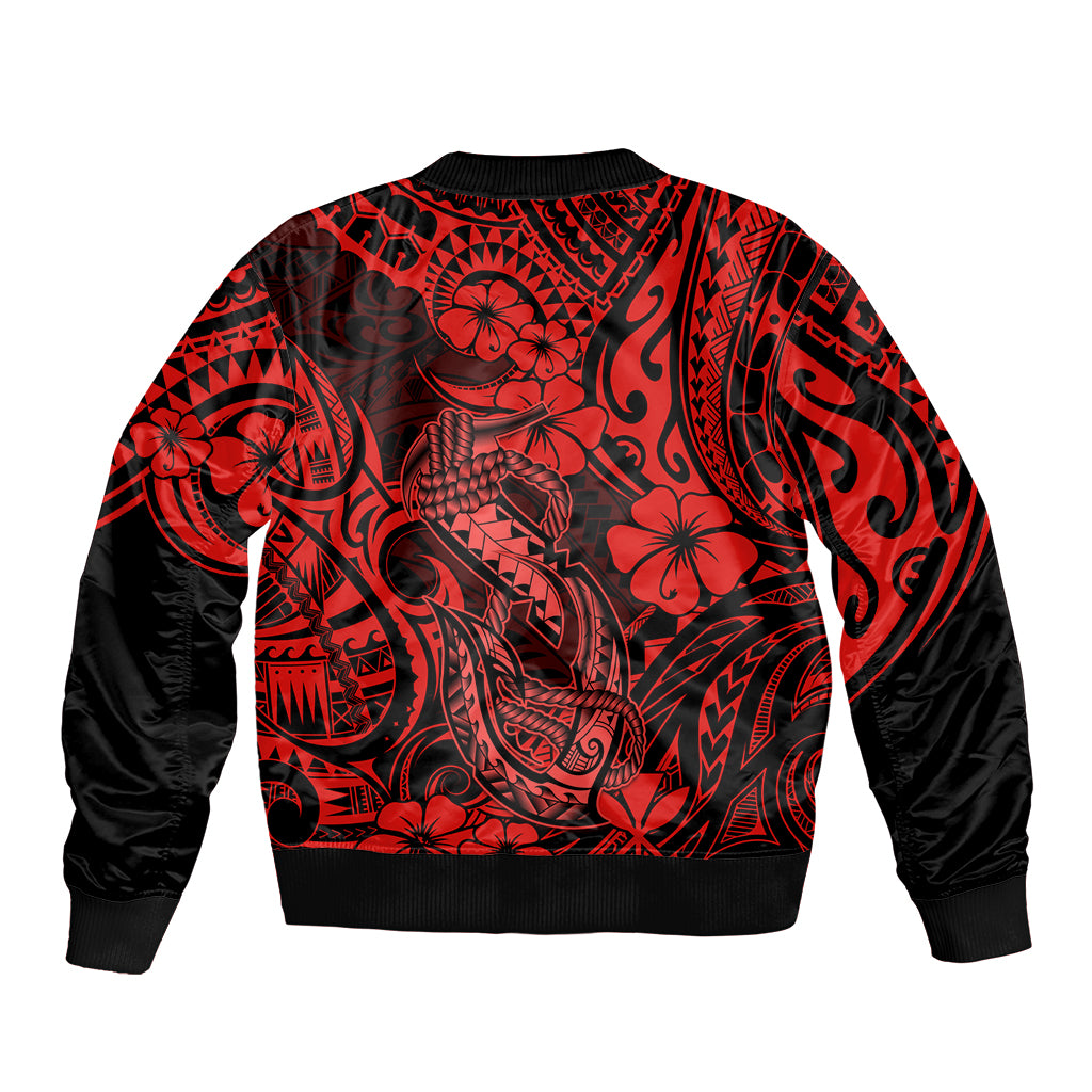 Hawaii Fish Hook Sleeve Zip Bomber Jacket Hibiscus Hawaii Tribal Tattoo Red Version LT01 - Polynesian Pride