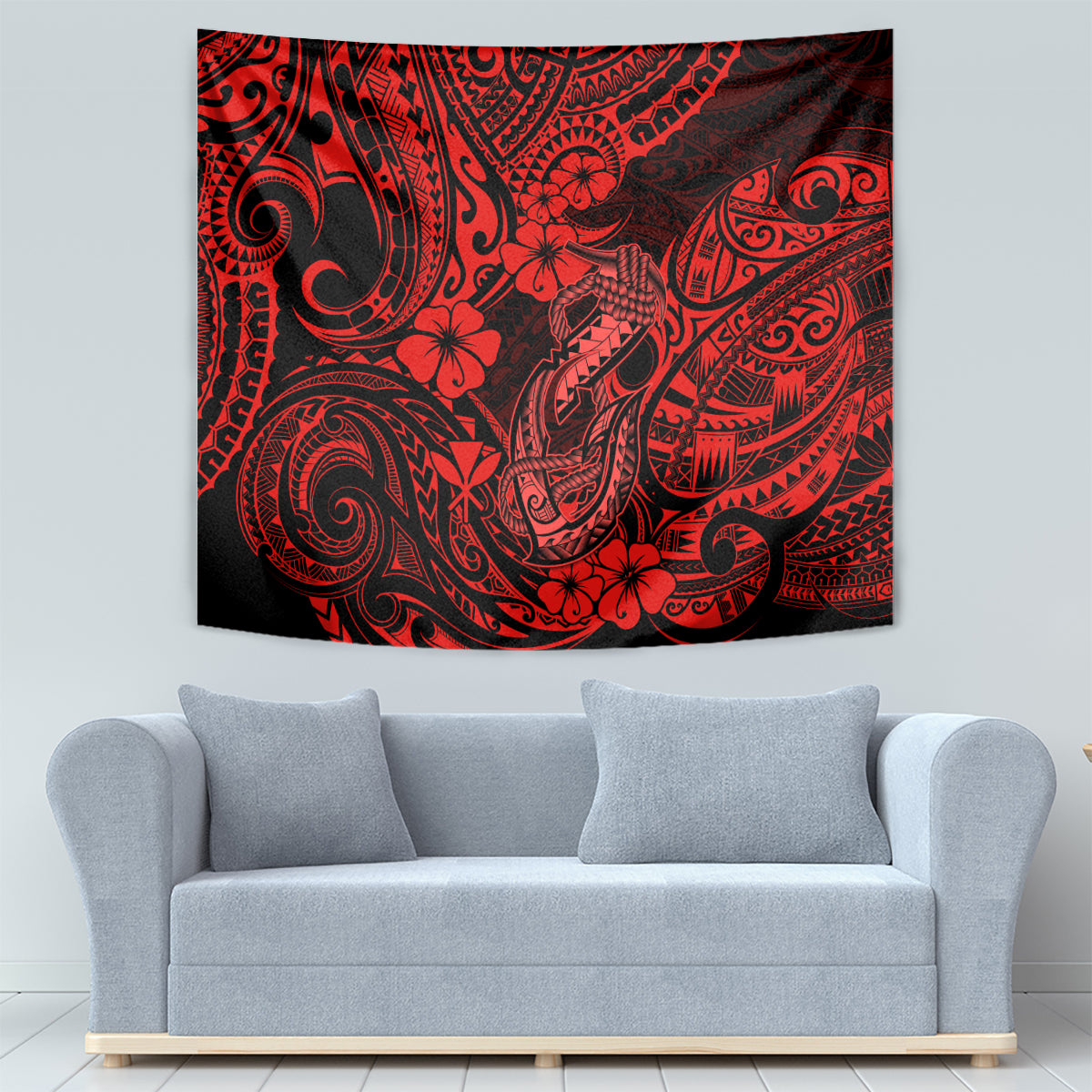 Hawaii Fish Hook Tapestry Hibiscus Hawaii Tribal Tattoo Red Version LT01 - Polynesian Pride