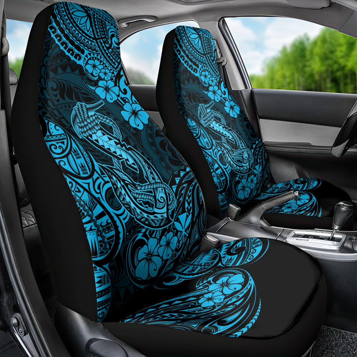 Hawaii Fish Hook Car Seat Cover Hibiscus Hawaii Tribal Tattoo Sky Blue Version LT01 - Polynesian Pride
