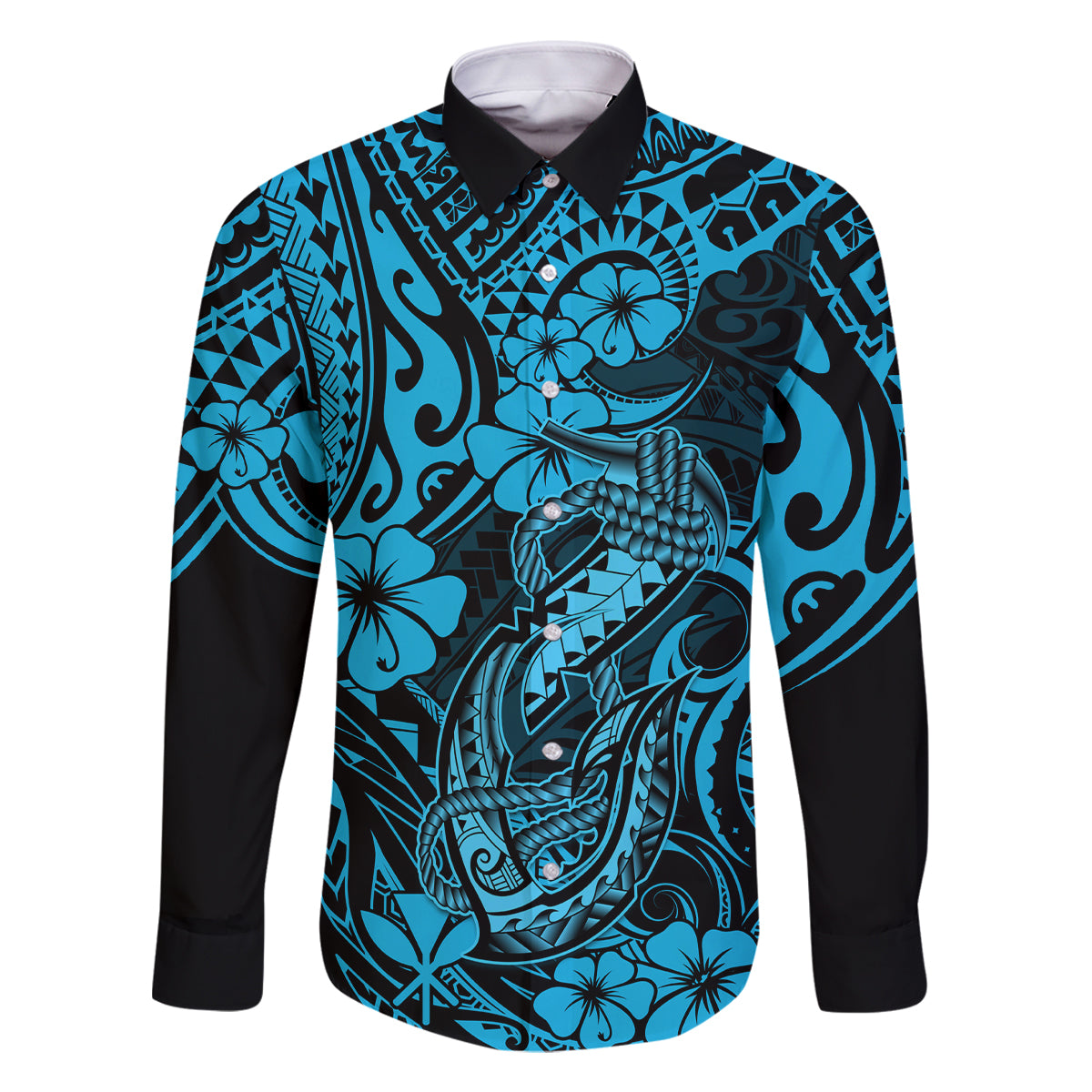Hawaii Fish Hook Family Matching Mermaid Dress and Hawaiian Shirt Hibiscus Hawaii Tribal Tattoo Sky Blue Version LT01 Dad's Shirt - Long Sleeve Blue - Polynesian Pride