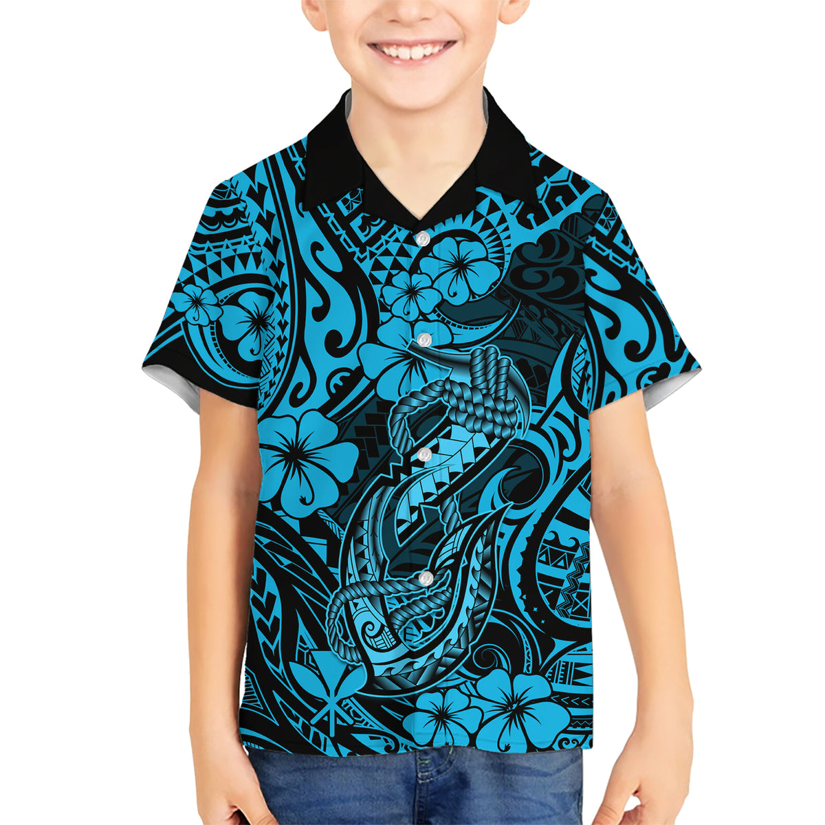 Hawaii Fish Hook Family Matching Short Sleeve Bodycon Dress and Hawaiian Shirt Hibiscus Hawaii Tribal Tattoo Sky Blue Version LT01 Son's Shirt Blue - Polynesian Pride