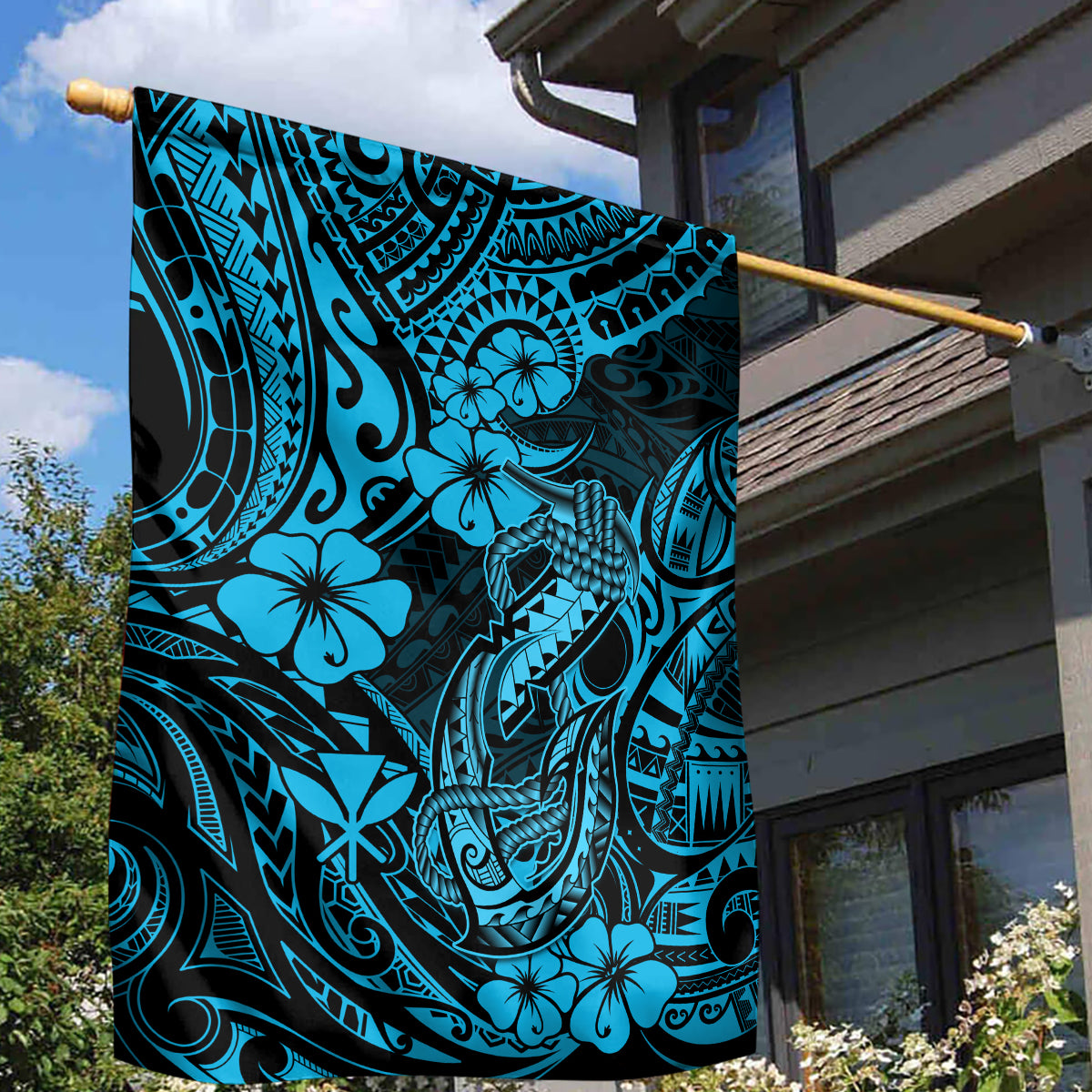 Hawaii Fish Hook Garden Flag Hibiscus Hawaii Tribal Tattoo Sky Blue Version LT01 - Polynesian Pride