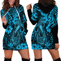 Hawaii Fish Hook Hoodie Dress Hibiscus Hawaii Tribal Tattoo Sky Blue Version LT01 - Polynesian Pride