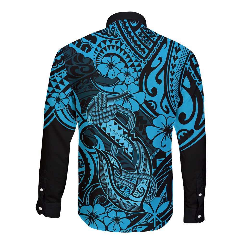 Hawaii Fish Hook Long Sleeve Button Shirt Hibiscus Hawaii Tribal Tattoo Sky Blue Version LT01 - Polynesian Pride