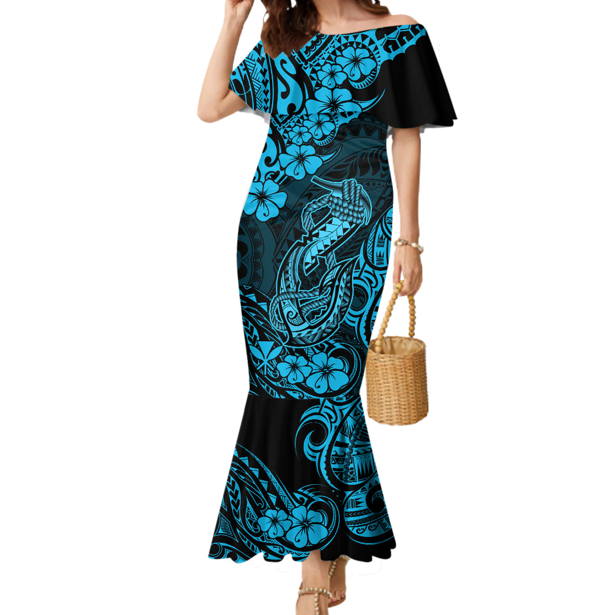 Hawaii Fish Hook Mermaid Dress Hibiscus Hawaii Tribal Tattoo Sky Blue Version LT01 Women Blue - Polynesian Pride