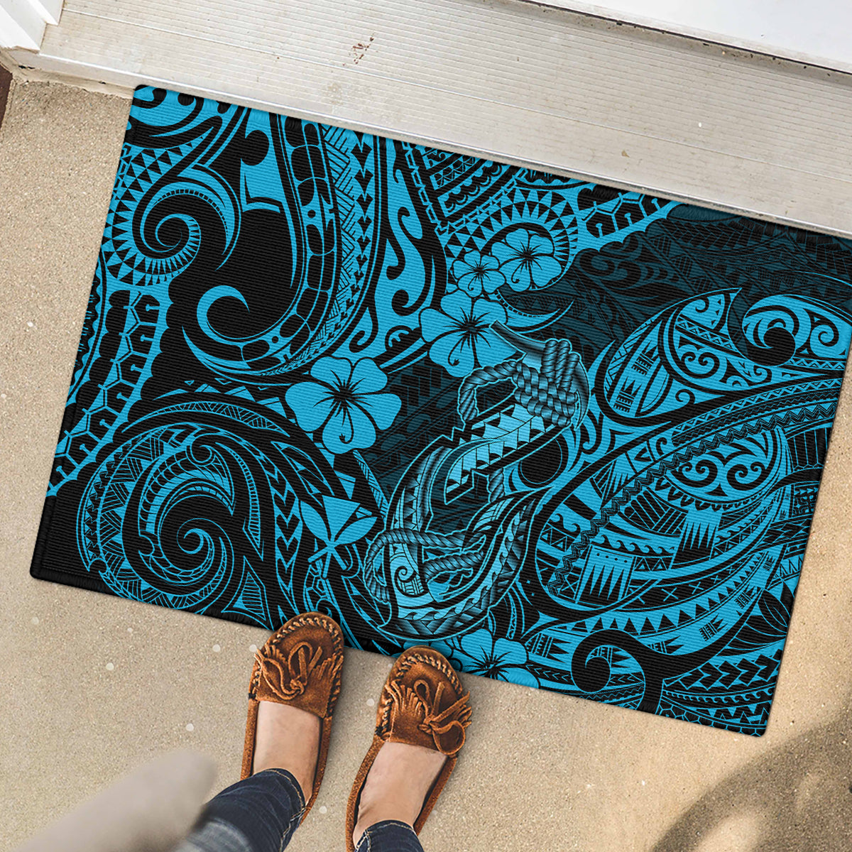 Hawaii Fish Hook Rubber Doormat Hibiscus Hawaii Tribal Tattoo Sky Blue Version LT01 - Polynesian Pride