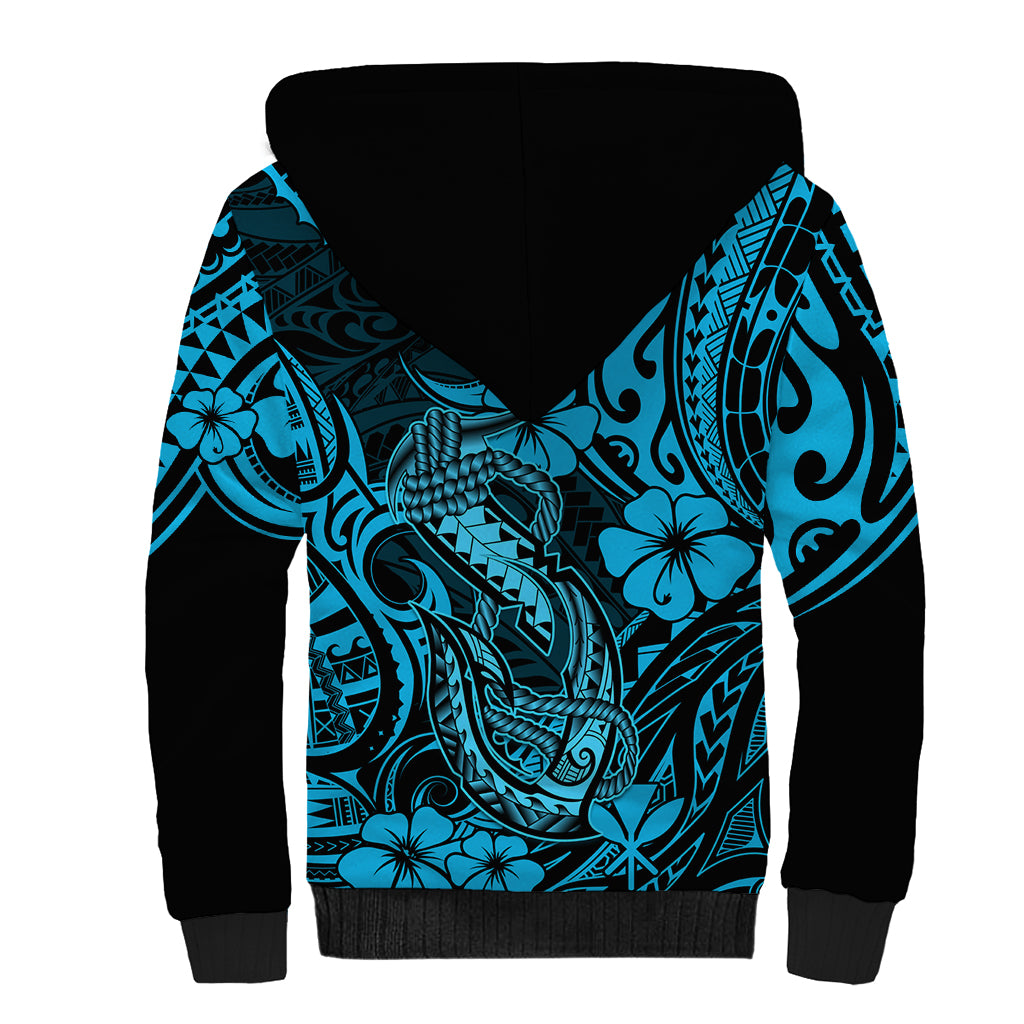 Hawaii Fish Hook Sherpa Hoodie Hibiscus Hawaii Tribal Tattoo Sky Blue Version LT01 - Polynesian Pride