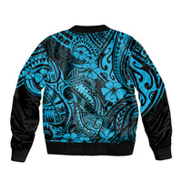 Hawaii Fish Hook Sleeve Zip Bomber Jacket Hibiscus Hawaii Tribal Tattoo Sky Blue Version LT01 - Polynesian Pride