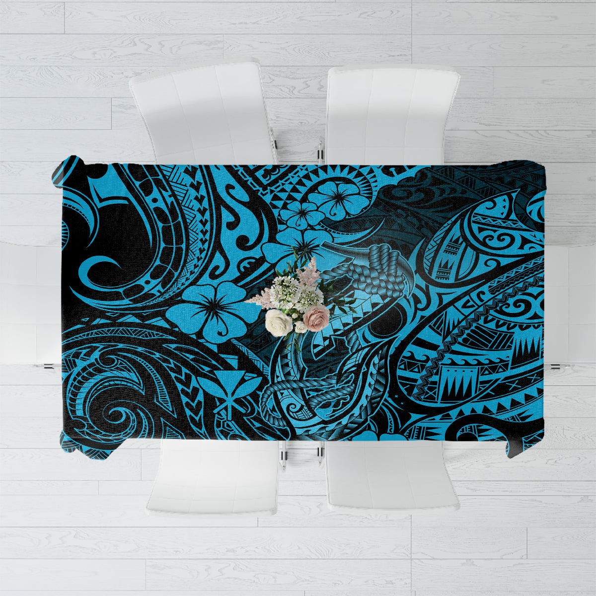 Hawaii Fish Hook Tablecloth Hibiscus Hawaii Tribal Tattoo Sky Blue Version LT01 Blue - Polynesian Pride