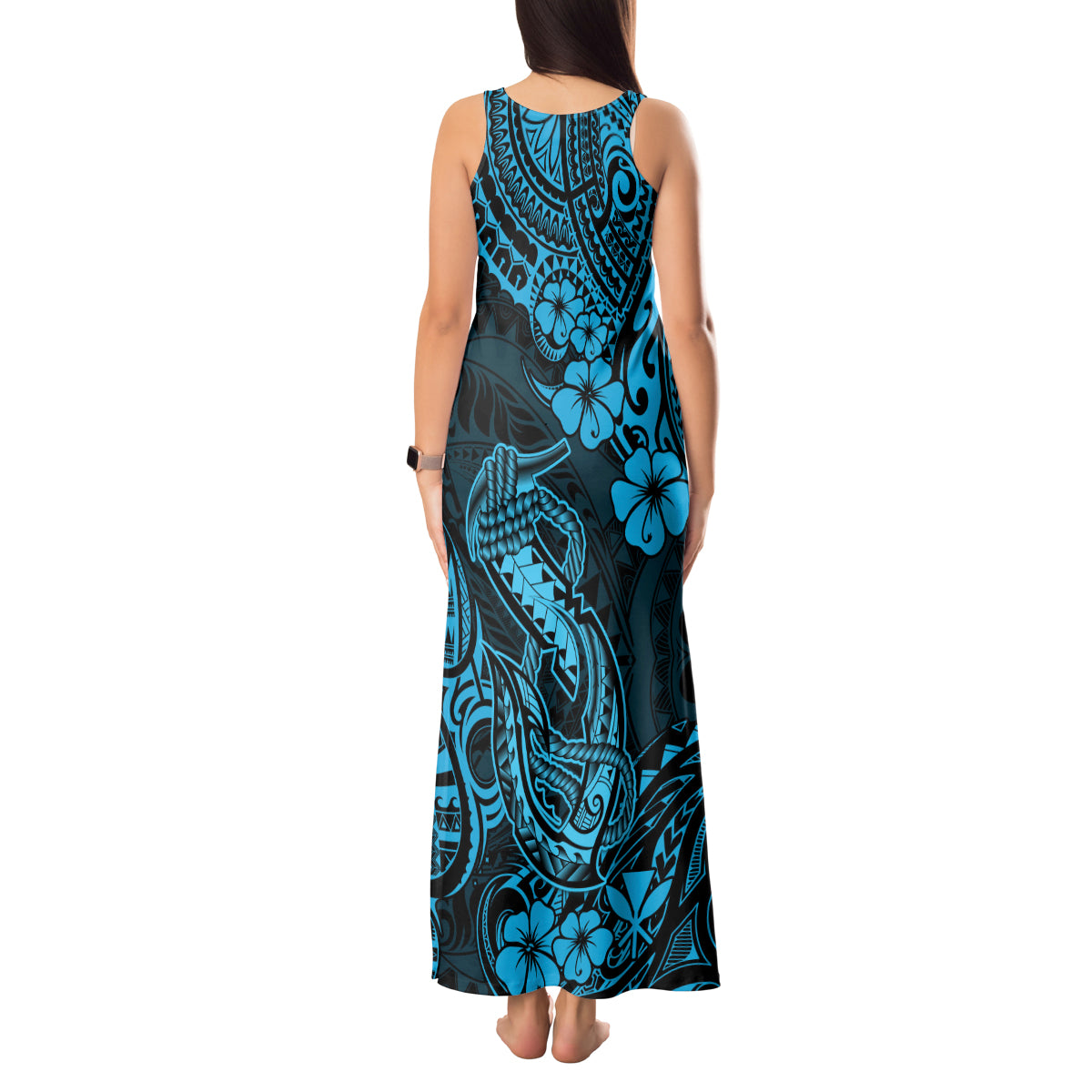Hawaii Fish Hook Tank Maxi Dress Hibiscus Hawaii Tribal Tattoo Sky Blue Version LT01 - Polynesian Pride