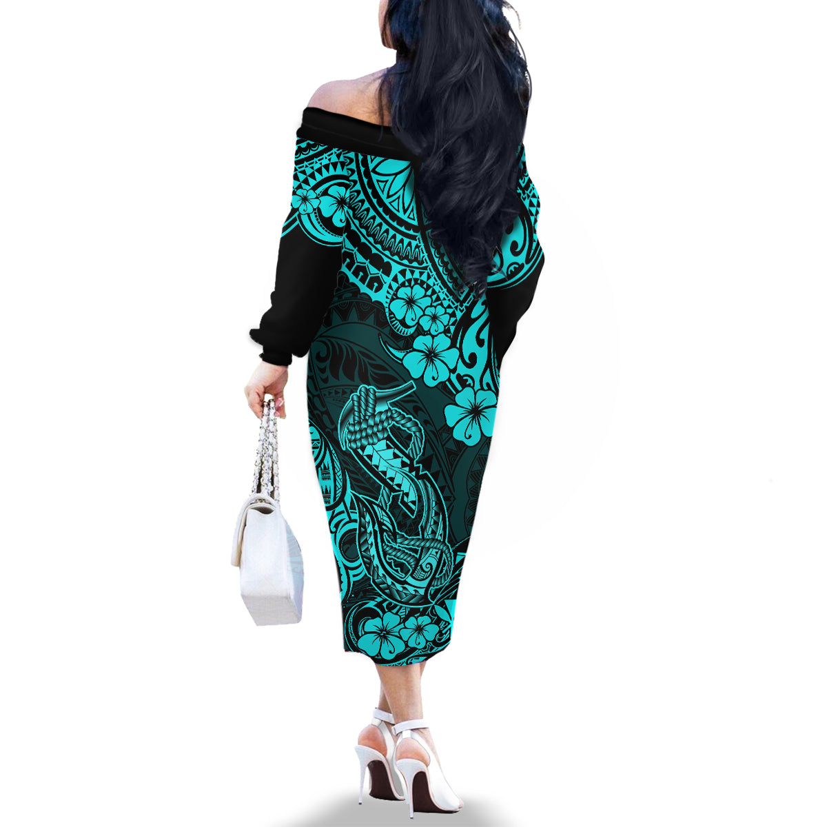 Hawaii Fish Hook Family Matching Off Shoulder Long Sleeve Dress and Hawaiian Shirt Hibiscus Hawaii Tribal Tattoo Turquoise Version LT01 - Polynesian Pride