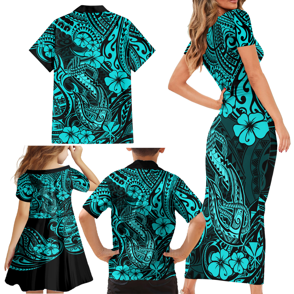 Hawaii Fish Hook Family Matching Short Sleeve Bodycon Dress and Hawaiian Shirt Hibiscus Hawaii Tribal Tattoo Turquoise Version LT01 - Polynesian Pride