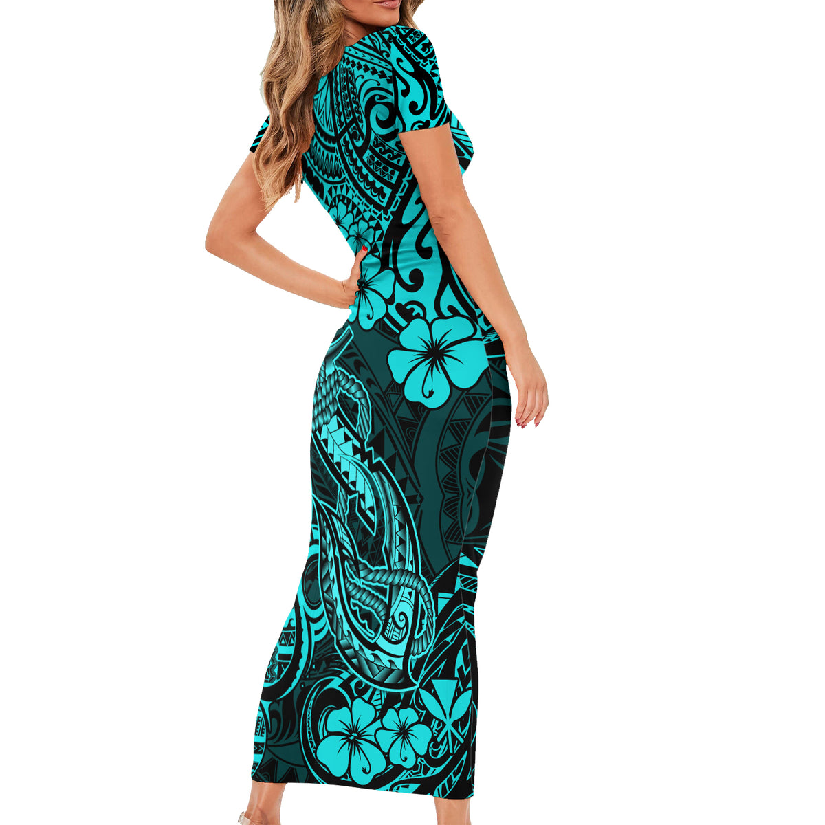 Hawaii Fish Hook Family Matching Short Sleeve Bodycon Dress and Hawaiian Shirt Hibiscus Hawaii Tribal Tattoo Turquoise Version LT01 - Polynesian Pride