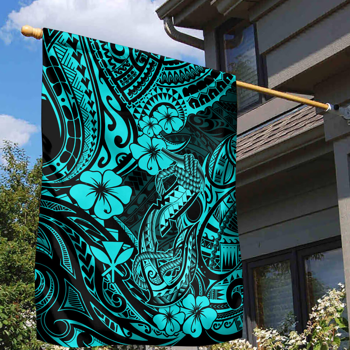 Hawaii Fish Hook Garden Flag Hibiscus Hawaii Tribal Tattoo Turquoise Version LT01 - Polynesian Pride
