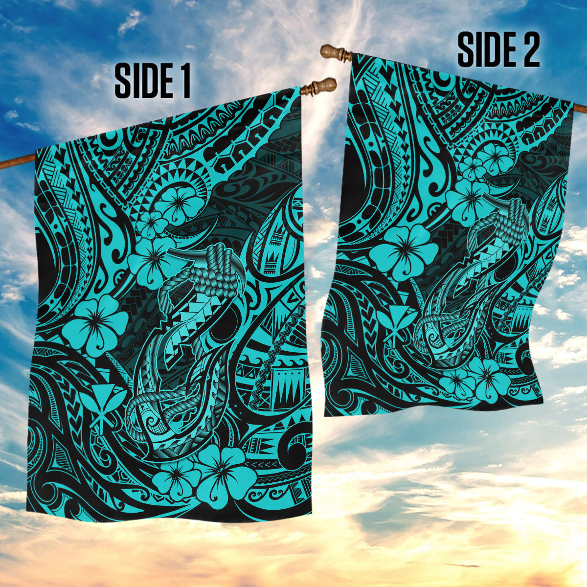 Hawaii Fish Hook Garden Flag Hibiscus Hawaii Tribal Tattoo Turquoise Version LT01 - Polynesian Pride