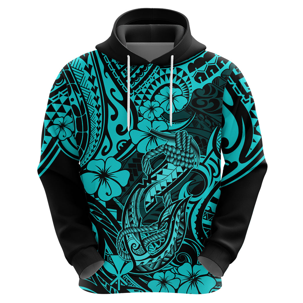 Hawaii Fish Hook Hoodie Hibiscus Hawaii Tribal Tattoo Turquoise Version LT01 - Polynesian Pride