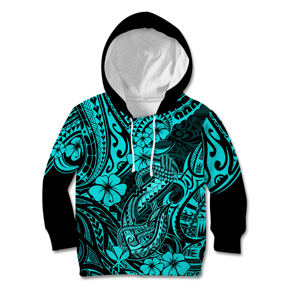 Hawaii Fish Hook Kid Hoodie Hibiscus Hawaii Tribal Tattoo Turquoise Version LT01 Turquoise - Polynesian Pride