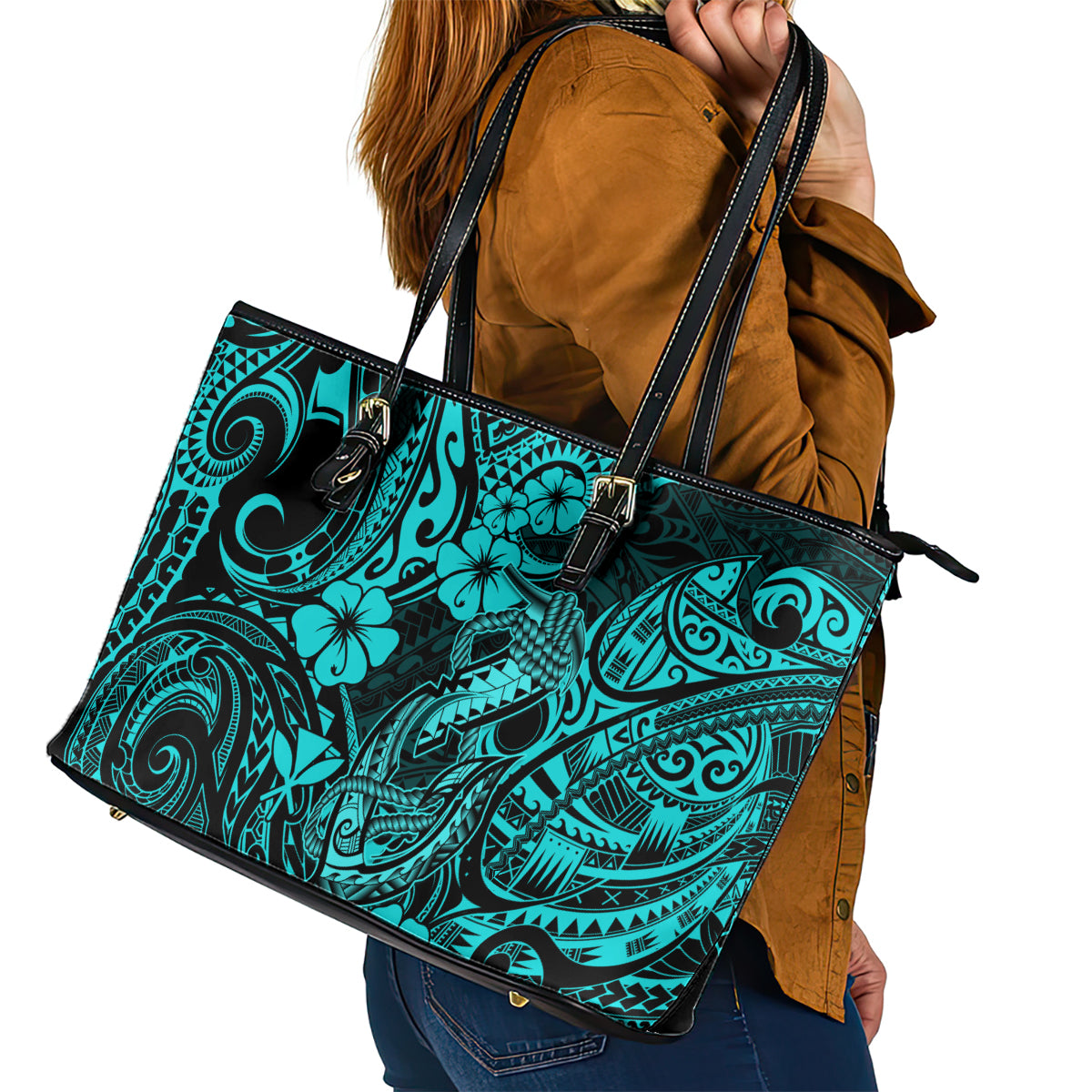 Hawaii Fish Hook Leather Tote Bag Hibiscus Hawaii Tribal Tattoo Turquoise Version LT01 - Polynesian Pride
