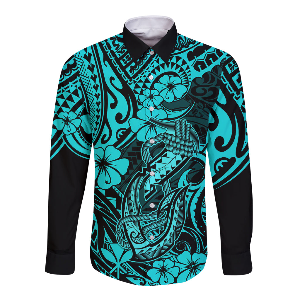 Hawaii Fish Hook Long Sleeve Button Shirt Hibiscus Hawaii Tribal Tattoo Turquoise Version LT01 Unisex Turquoise - Polynesian Pride