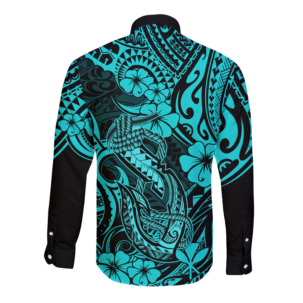 Hawaii Fish Hook Long Sleeve Button Shirt Hibiscus Hawaii Tribal Tattoo Turquoise Version LT01 - Polynesian Pride
