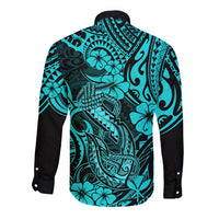 Hawaii Fish Hook Long Sleeve Button Shirt Hibiscus Hawaii Tribal Tattoo Turquoise Version LT01 - Polynesian Pride