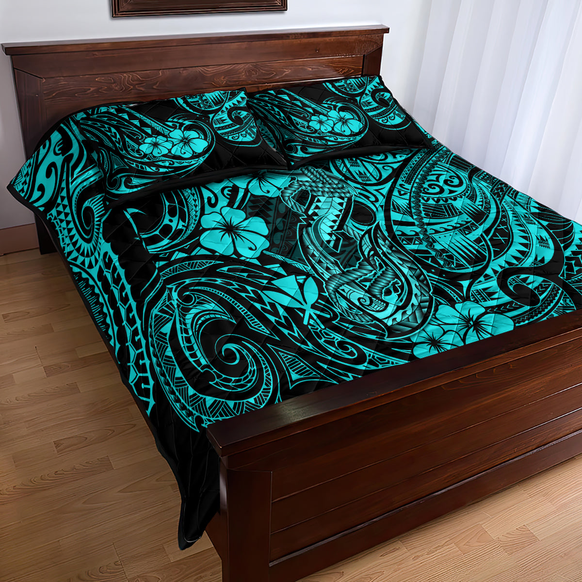 Hawaii Fish Hook Quilt Bed Set Hibiscus Hawaii Tribal Tattoo Turquoise Version LT01 - Polynesian Pride