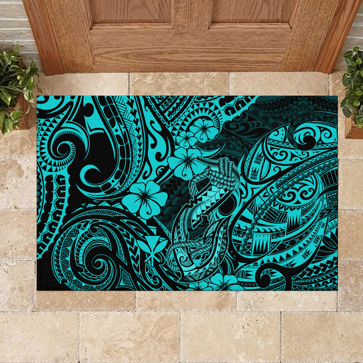 Hawaii Fish Hook Rubber Doormat Hibiscus Hawaii Tribal Tattoo Turquoise Version LT01 - Polynesian Pride