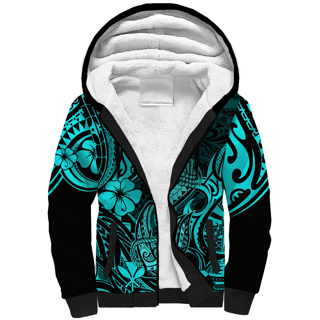 Hawaii Fish Hook Sherpa Hoodie Hibiscus Hawaii Tribal Tattoo Turquoise Version LT01 Unisex Turquoise - Polynesian Pride
