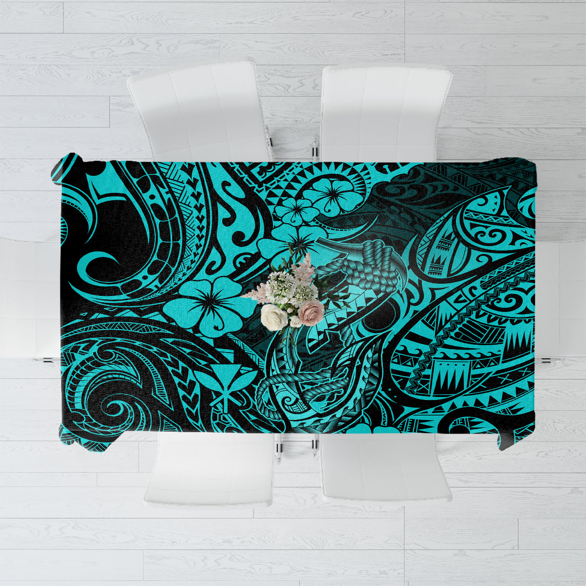 Hawaii Fish Hook Tablecloth Hibiscus Hawaii Tribal Tattoo Turquoise Version LT01 Turquoise - Polynesian Pride