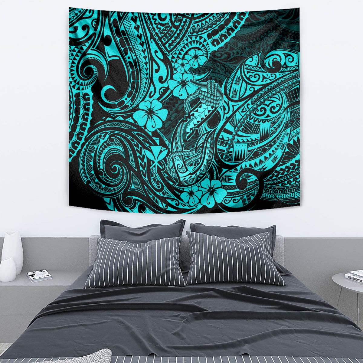 Hawaii Fish Hook Tapestry Hibiscus Hawaii Tribal Tattoo Turquoise Version LT01 - Polynesian Pride