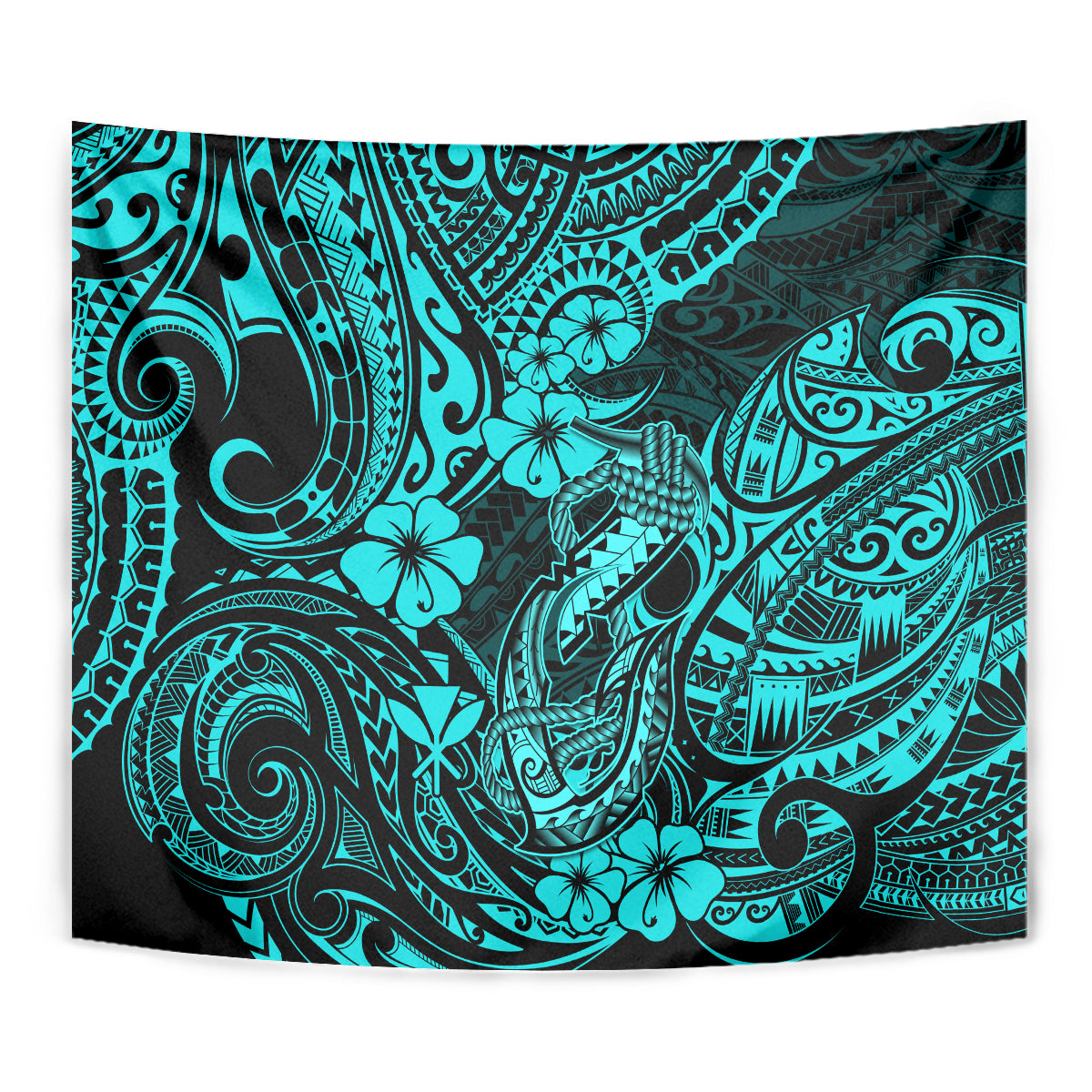 Hawaii Fish Hook Tapestry Hibiscus Hawaii Tribal Tattoo Turquoise Version LT01 - Polynesian Pride