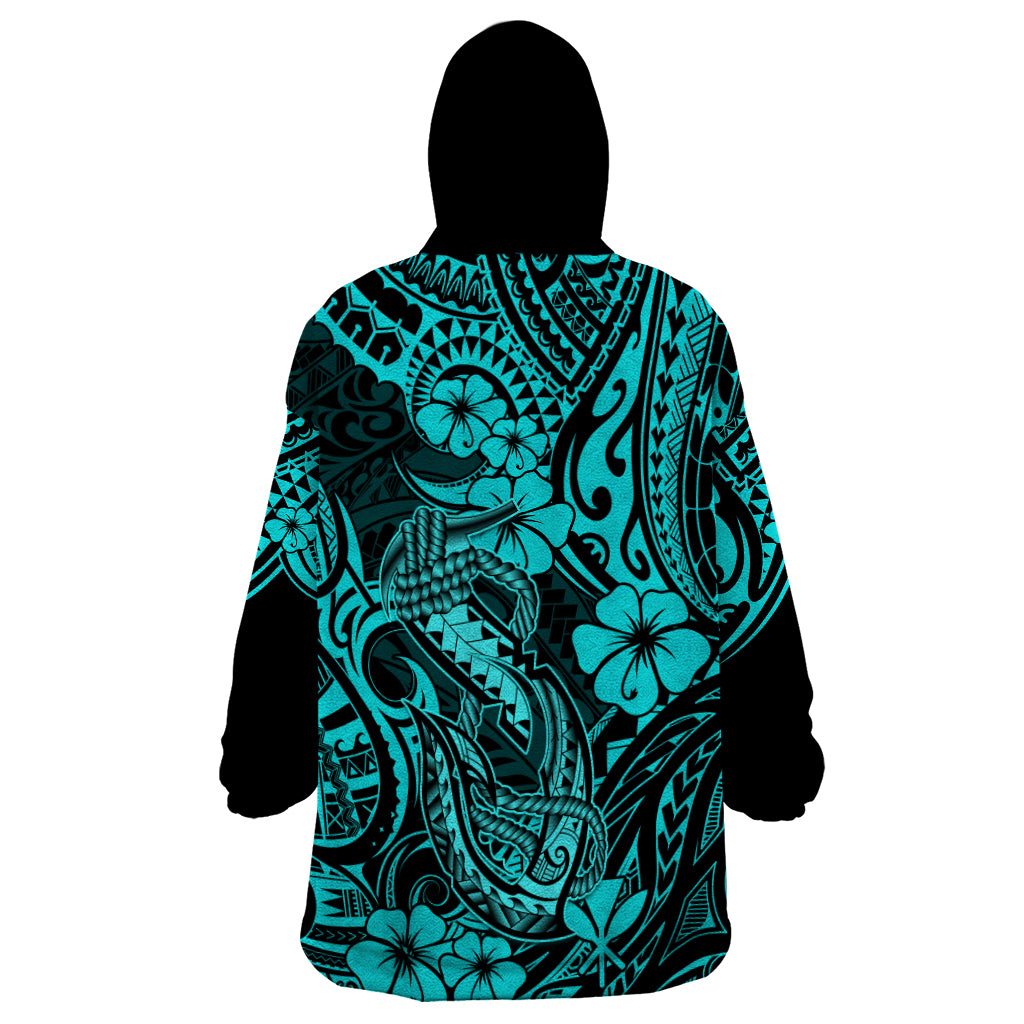 Hawaii Fish Hook Wearable Blanket Hoodie Hibiscus Hawaii Tribal Tattoo Turquoise Version LT01 - Polynesian Pride