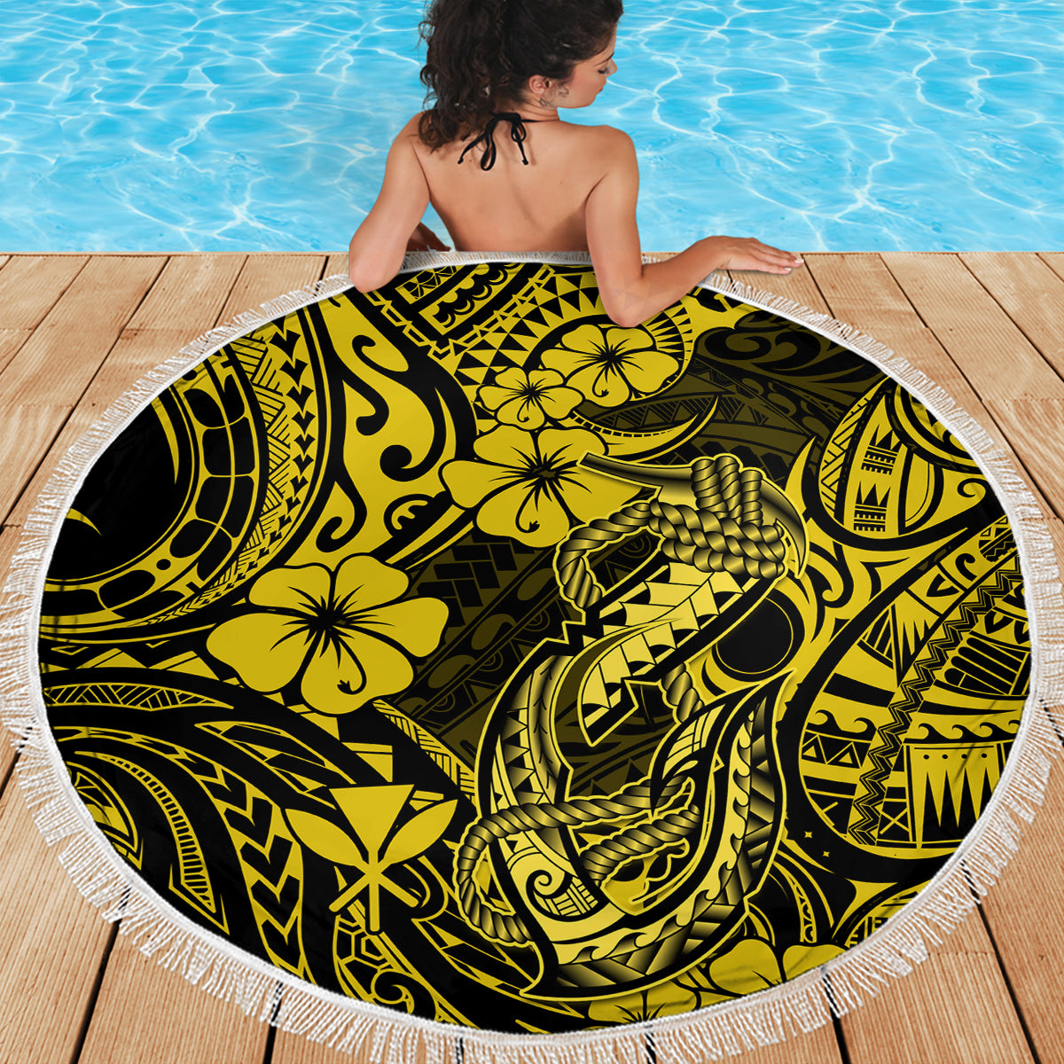 Hawaii Fish Hook Beach Blanket Hibiscus Hawaii Tribal Tattoo Yellow Version LT01 - Wonder Print Shop